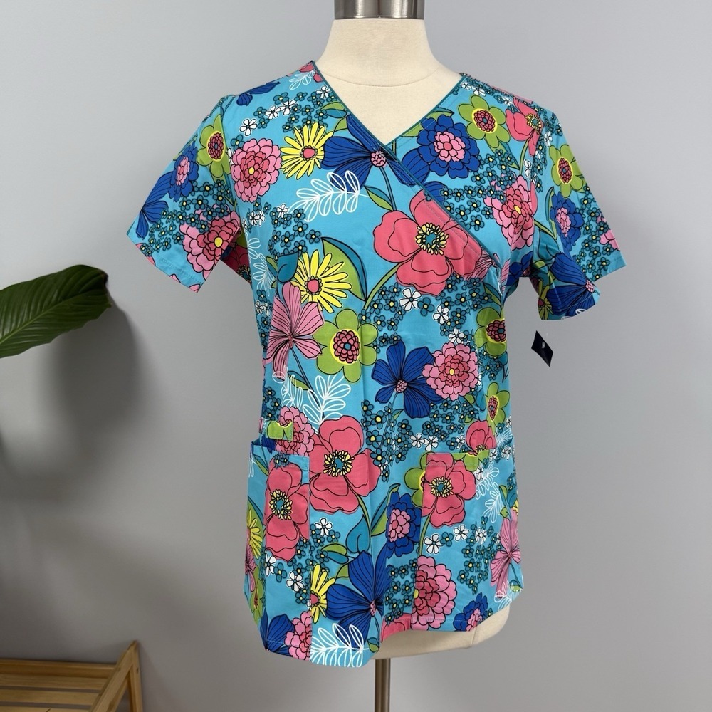 NWT Cherokee Bright Groovy Floral Scrub Top Medium Aqua Scrubs Mock Wrap Medical